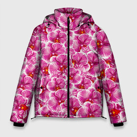 Мужская зимняя куртка 3D с принтом Розовые орхидеи в Санкт-Петербурге, верх — 100% полиэстер; подкладка — 100% полиэстер; утеплитель — 100% полиэстер | длина ниже бедра, свободный силуэт Оверсайз. Есть воротник-стойка, отстегивающийся капюшон и ветрозащитная планка. 

Боковые карманы с листочкой на кнопках и внутренний карман на молнии. | Тематика изображения на принте: fashion flowers | pink | tropical | азия | бабочки | бразилия | букет | бутоны | джунгли | лепестки | лето | любимая | марта | нежные | орхидея | подарок | природа | растения | тропики | тропические | узор | цветение