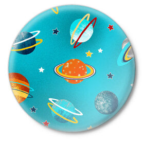 Значок с принтом Необычные планеты в Санкт-Петербурге,  металл | круглая форма, металлическая застежка в виде булавки | арт | бирюзовый | венера | звезда | звёзды | земля | марс | планета | планеты | рисунок | рисунок карандашом | сатурн | синий