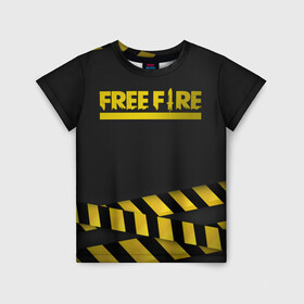 Детская футболка 3D с принтом Free Fire в Санкт-Петербурге, 100% гипоаллергенный полиэфир | прямой крой, круглый вырез горловины, длина до линии бедер, чуть спущенное плечо, ткань немного тянется | battlegrounds | free fire | garena | tricks | батл | королевская битва | рояль | фаир | фри фаер | экшн