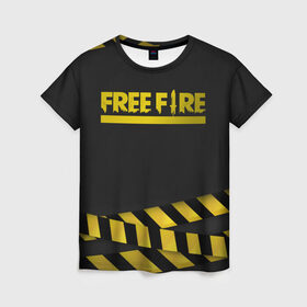 Женская футболка 3D с принтом Free Fire в Санкт-Петербурге, 100% полиэфир ( синтетическое хлопкоподобное полотно) | прямой крой, круглый вырез горловины, длина до линии бедер | battlegrounds | free fire | garena | tricks | батл | королевская битва | рояль | фаир | фри фаер | экшн