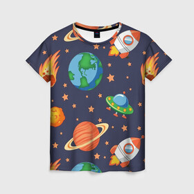 Женская футболка 3D с принтом Космическое путешествие в Санкт-Петербурге, 100% полиэфир ( синтетическое хлопкоподобное полотно) | прямой крой, круглый вырез горловины, длина до линии бедер | арт | астероид | астероиды | звезда | звёзды | земля | космос | планета | планеты | ракета | ракеты | рисунок | сатурн | фобас