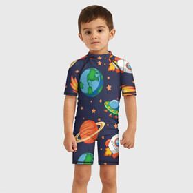 Детский купальный костюм 3D с принтом Космическое путешествие в Санкт-Петербурге, Полиэстер 85%, Спандекс 15% | застежка на молнии на спине | арт | астероид | астероиды | звезда | звёзды | земля | космос | планета | планеты | ракета | ракеты | рисунок | сатурн | фобас