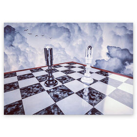 Поздравительная открытка с принтом Шахматы в Санкт-Петербурге, 100% бумага | плотность бумаги 280 г/м2, матовая, на обратной стороне линовка и место для марки
 | доска | игра | игровая | игры | короли | король | настольная | настольные | небеса | небо | облака | облако | спорт | туча | тучи | шахматный | шахматы