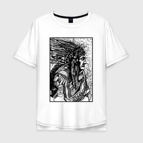 Мужская футболка хлопок Oversize с принтом Drawing indian в Санкт-Петербурге, 100% хлопок | свободный крой, круглый ворот, “спинка” длиннее передней части | Тематика изображения на принте: black | drawing | indian | индеец | рисунок | черный