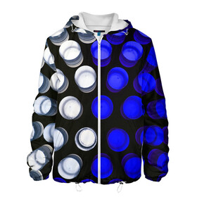 Мужская куртка 3D с принтом GGGelt в Санкт-Петербурге, ткань верха — 100% полиэстер, подклад — флис | прямой крой, подол и капюшон оформлены резинкой с фиксаторами, два кармана без застежек по бокам, один большой потайной карман на груди. Карман на груди застегивается на липучку | abstraction | blue | circles | light | shapes | white | абстракция | белый | круги | свет | синий | формы