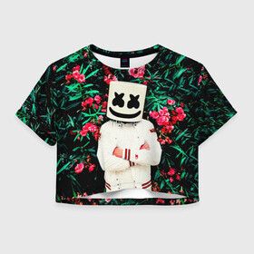 Женская футболка Crop-top 3D с принтом MARSHMELLO ROSES в Санкт-Петербурге, 100% полиэстер | круглая горловина, длина футболки до линии талии, рукава с отворотами | fortnite | marshmallo | marshmallow | marshmello | marshmellow | маршмелло | маршмеллоу | розы | фортнайт