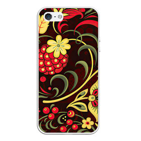Чехол для iPhone 5/5S матовый с принтом Хохлома в Санкт-Петербурге, Силикон | Область печати: задняя сторона чехла, без боковых панелей | арт | вектор | желтый | зеленый | золотой | красный | малина | народный рисунок | рисунок | хохлома | цветок | цветы | чёрный | ягода | ягоды