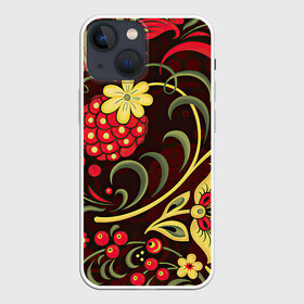 Чехол для iPhone 13 mini с принтом Хохлома в Санкт-Петербурге,  |  | арт | вектор | желтый | зеленый | золотой | красный | малина | народный рисунок | рисунок | хохлома | цветок | цветы | чёрный | ягода | ягоды