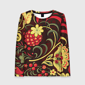 Женский лонгслив 3D с принтом Хохлома в Санкт-Петербурге, 100% полиэстер | длинные рукава, круглый вырез горловины, полуприлегающий силуэт | арт | вектор | желтый | зеленый | золотой | красный | малина | народный рисунок | рисунок | хохлома | цветок | цветы | чёрный | ягода | ягоды