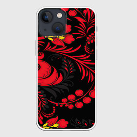 Чехол для iPhone 13 mini с принтом Хохлома в Санкт-Петербурге,  |  | арт | вектор | желтый | золотой | клюква | красный | народный рисунок | рисунок | хохлома | цветок | цветы | чёрный | ягода | ягоды