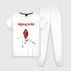 Женская пижама хлопок с принтом Highway to Hell AC DC в Санкт-Петербурге, 100% хлопок | брюки и футболка прямого кроя, без карманов, на брюках мягкая резинка на поясе и по низу штанин | ac dc | angus young | highway to hell | ас дс | ас дс.