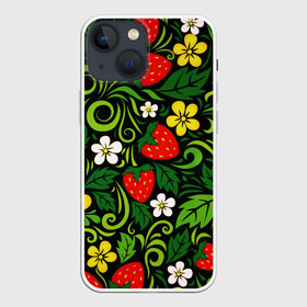 Чехол для iPhone 13 mini с принтом Хохлома в Санкт-Петербурге,  |  | арт | вектор | желтый | зеленый | золотой | клубника | красный | народный рисунок | рисунок | хохлома | цветок | цветы | чёрный | ягода | ягоды