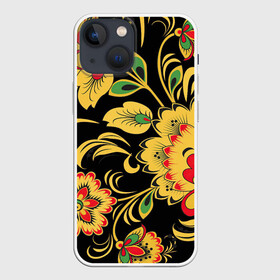 Чехол для iPhone 13 mini с принтом Хохлома в Санкт-Петербурге,  |  | арт | вектор | желтый | зеленый | золотой | красный | народный рисунок | рисунок | хохлома | цветок | цветы | чёрный
