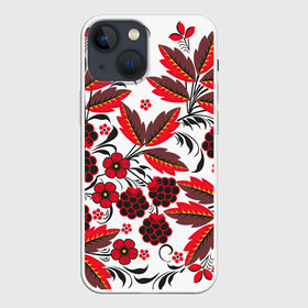 Чехол для iPhone 13 mini с принтом Хохлома в Санкт-Петербурге,  |  | арт | белый | вектор | красный | народный рисунок | рисунок | хохлома | цветок | цветы | чёрный | ягода | ягоды