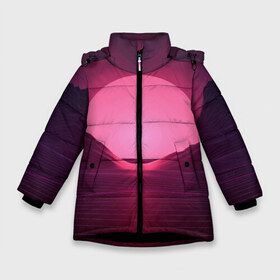 Зимняя куртка для девочек 3D с принтом Фиолетовый закат в Санкт-Петербурге, ткань верха — 100% полиэстер; подклад — 100% полиэстер, утеплитель — 100% полиэстер. | длина ниже бедра, удлиненная спинка, воротник стойка и отстегивающийся капюшон. Есть боковые карманы с листочкой на кнопках, утяжки по низу изделия и внутренний карман на молнии. 

Предусмотрены светоотражающий принт на спинке, радужный светоотражающий элемент на пуллере молнии и на резинке для утяжки. | кибер закат