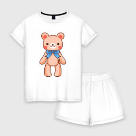 Женская пижама с шортиками хлопок с принтом Pixel Bear в Санкт-Петербурге, 100% хлопок | футболка прямого кроя, шорты свободные с широкой мягкой резинкой | bear | pixel | pixel bear | медведь | милый медведь | милый мишка | мишка | пиксельный медведь | пиксельный плюшевый мишка | плюшевый медведь | плюшевый мишка