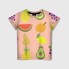 Детская футболка 3D с принтом Фруктики в Санкт-Петербурге, 100% гипоаллергенный полиэфир | прямой крой, круглый вырез горловины, длина до линии бедер, чуть спущенное плечо, ткань немного тянется | авокадо | ананас | апельсин | арбуз | виноград | груша | лимон | фрукт