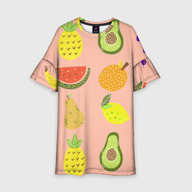 Детское платье 3D с принтом Фруктики в Санкт-Петербурге, 100% полиэстер | прямой силуэт, чуть расширенный к низу. Круглая горловина, на рукавах — воланы | Тематика изображения на принте: авокадо | ананас | апельсин | арбуз | виноград | груша | лимон | фрукт
