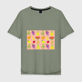 Мужская футболка хлопок Oversize с принтом Фруктики в Санкт-Петербурге, 100% хлопок | свободный крой, круглый ворот, “спинка” длиннее передней части | Тематика изображения на принте: авокадо | ананас | апельсин | арбуз | виноград | груша | лимон | фрукт