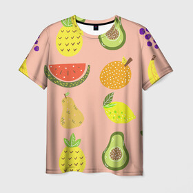 Мужская футболка 3D с принтом Фруктики в Санкт-Петербурге, 100% полиэфир | прямой крой, круглый вырез горловины, длина до линии бедер | авокадо | ананас | апельсин | арбуз | виноград | груша | лимон | фрукт