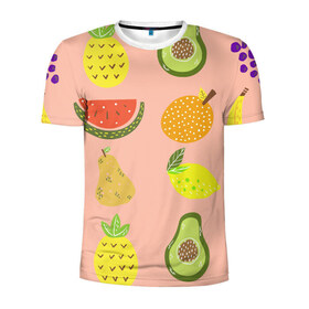 Мужская футболка 3D спортивная с принтом Фруктики в Санкт-Петербурге, 100% полиэстер с улучшенными характеристиками | приталенный силуэт, круглая горловина, широкие плечи, сужается к линии бедра | Тематика изображения на принте: авокадо | ананас | апельсин | арбуз | виноград | груша | лимон | фрукт