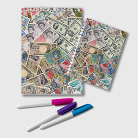 Блокнот с принтом Деньги в Санкт-Петербурге, 100% бумага | 48 листов, плотность листов — 60 г/м2, плотность картонной обложки — 250 г/м2. Листы скреплены удобной пружинной спиралью. Цвет линий — светло-серый
 | арт | банкноты | валюта | деньги | доллары | зеленый | иена | красный | серый | синий | фунт стерлингов | юани