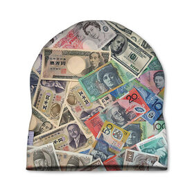 Шапка 3D с принтом Деньги в Санкт-Петербурге, 100% полиэстер | универсальный размер, печать по всей поверхности изделия | Тематика изображения на принте: арт | банкноты | валюта | деньги | доллары | зеленый | иена | красный | серый | синий | фунт стерлингов | юани