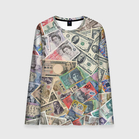 Мужской лонгслив 3D с принтом Деньги в Санкт-Петербурге, 100% полиэстер | длинные рукава, круглый вырез горловины, полуприлегающий силуэт | арт | банкноты | валюта | деньги | доллары | зеленый | иена | красный | серый | синий | фунт стерлингов | юани