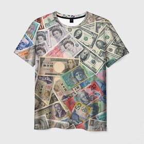 Мужская футболка 3D с принтом Деньги в Санкт-Петербурге, 100% полиэфир | прямой крой, круглый вырез горловины, длина до линии бедер | арт | банкноты | валюта | деньги | доллары | зеленый | иена | красный | серый | синий | фунт стерлингов | юани