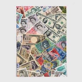 Постер с принтом Деньги в Санкт-Петербурге, 100% бумага
 | бумага, плотность 150 мг. Матовая, но за счет высокого коэффициента гладкости имеет небольшой блеск и дает на свету блики, но в отличии от глянцевой бумаги не покрыта лаком | арт | банкноты | валюта | деньги | доллары | зеленый | иена | красный | серый | синий | фунт стерлингов | юани