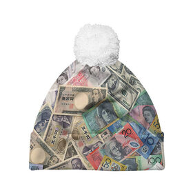 Шапка 3D c помпоном с принтом Деньги в Санкт-Петербурге, 100% полиэстер | универсальный размер, печать по всей поверхности изделия | Тематика изображения на принте: арт | банкноты | валюта | деньги | доллары | зеленый | иена | красный | серый | синий | фунт стерлингов | юани
