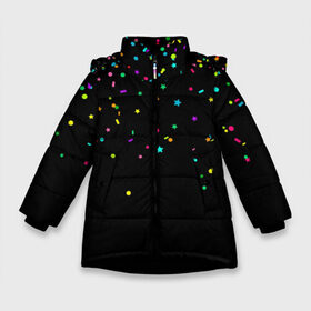Зимняя куртка для девочек 3D с принтом Праздничное настроение в Санкт-Петербурге, ткань верха — 100% полиэстер; подклад — 100% полиэстер, утеплитель — 100% полиэстер. | длина ниже бедра, удлиненная спинка, воротник стойка и отстегивающийся капюшон. Есть боковые карманы с листочкой на кнопках, утяжки по низу изделия и внутренний карман на молнии. 

Предусмотрены светоотражающий принт на спинке, радужный светоотражающий элемент на пуллере молнии и на резинке для утяжки. | Тематика изображения на принте: блёстки | веселье | конфетти | праздник | салют