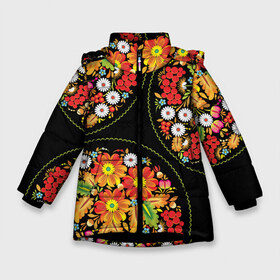 Зимняя куртка для девочек 3D с принтом Khokhloma 10-0 в Санкт-Петербурге, ткань верха — 100% полиэстер; подклад — 100% полиэстер, утеплитель — 100% полиэстер. | длина ниже бедра, удлиненная спинка, воротник стойка и отстегивающийся капюшон. Есть боковые карманы с листочкой на кнопках, утяжки по низу изделия и внутренний карман на молнии. 

Предусмотрены светоотражающий принт на спинке, радужный светоотражающий элемент на пуллере молнии и на резинке для утяжки. | орнамент | роспись | русский стиль | текстуры | узор