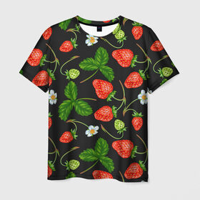 Мужская футболка 3D с принтом Клубника в Санкт-Петербурге, 100% полиэфир | прямой крой, круглый вырез горловины, длина до линии бедер | арт | белые цветы | белый | белый цветок | зеленый | клубника | красный | листва | листья | растение | рисунок | цветок | цветы
