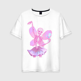 Женская футболка хлопок Oversize с принтом жизнерадостный скелет в Санкт-Петербурге, 100% хлопок | свободный крой, круглый ворот, спущенный рукав, длина до линии бедер
 | веселый | крылья | магия | пастель | позитив | розовый | скелет | скелетон | фея
