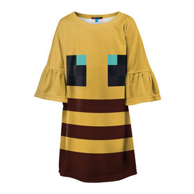 Детское платье 3D с принтом Minecraft Bee в Санкт-Петербурге, 100% полиэстер | прямой силуэт, чуть расширенный к низу. Круглая горловина, на рукавах — воланы | Тематика изображения на принте: bee | minecraft | майнкрафт | пчела | пчёлка | пчелобав