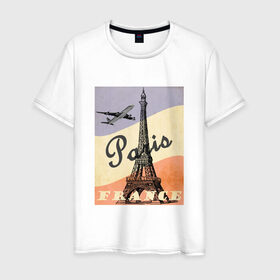 Мужская футболка хлопок с принтом Paris/Париж в Санкт-Петербурге, 100% хлопок | прямой крой, круглый вырез горловины, длина до линии бедер, слегка спущенное плечо. | airplane | city | elf tower | flag | france | illustration | landmark | paris | tower | башня | город | достопримечательность | иллюстрация | париж | самолёт | флаг | флаг франции | франция | эльфивая башня