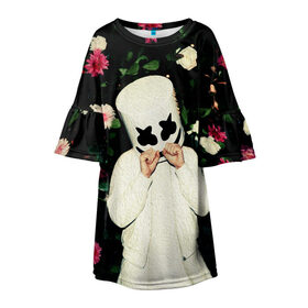 Детское платье 3D с принтом MARSHMELLO в Санкт-Петербурге, 100% полиэстер | прямой силуэт, чуть расширенный к низу. Круглая горловина, на рукавах — воланы | fortnite | marshmallo | marshmallow | marshmello | marshmellow | маршмелло | маршмеллоу | розы | фортнайт