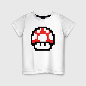 Детская футболка хлопок с принтом Гриб Марио в Санкт-Петербурге, 100% хлопок | круглый вырез горловины, полуприлегающий силуэт, длина до линии бедер | 8 bit | 8 бит | 8bit | 8бит | art | dendy | mario | mushroom | pixel | super | арт | гриб | денди | марио | пиксель | супер