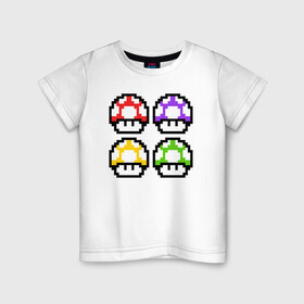 Детская футболка хлопок с принтом Грибы Марио в Санкт-Петербурге, 100% хлопок | круглый вырез горловины, полуприлегающий силуэт, длина до линии бедер | 8 bit | 8 бит | 8bit | 8бит | art | dendy | mario | mushroom | pixel | super | арт | гриб | денди | марио | пиксель | супер