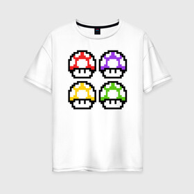 Женская футболка хлопок Oversize с принтом Грибы Марио в Санкт-Петербурге, 100% хлопок | свободный крой, круглый ворот, спущенный рукав, длина до линии бедер
 | 8 bit | 8 бит | 8bit | 8бит | art | dendy | mario | mushroom | pixel | super | арт | гриб | денди | марио | пиксель | супер