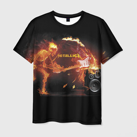 Мужская футболка 3D с принтом Metallica в Санкт-Петербурге, 100% полиэфир | прямой крой, круглый вырез горловины, длина до линии бедер | fire | flame | guitar | metallica | music | rock | skeleton | skull | trashmetal | гитара | металлика | музыка | огонь | пламя | рок | скелет | череп