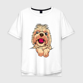 Мужская футболка хлопок Oversize с принтом Ши-Тцу в Санкт-Петербурге, 100% хлопок | свободный крой, круглый ворот, “спинка” длиннее передней части | Тематика изображения на принте: dog | зубы | лапы | мем | пес | прикол | смешные животные | собака | собачка | ши тсу | ши тцу | шитсу | шитцу | щенок | юмор | язык
