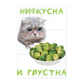 Магнитный плакат 2Х3 с принтом НИФКУСНА И ГРУСТНА в Санкт-Петербурге, Полимерный материал с магнитным слоем | 6 деталей размером 9*9 см | Тематика изображения на принте: брокколи | грустный кот | зож | капуста | кот | кот мем | котейка | котик | котэ | кошка | мем | мем с котом | мемы | надпись | невкусно | невкусно и грустно мем | нифкусна и грустна