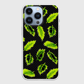 Чехол для iPhone 13 Pro с принтом Зеленые листья в Санкт-Петербурге,  |  | defoliation | foliage | leaves | retro | зеленые листья | зелень | лето | листопад | листья | листья деревьев | ночь | паттерн | ретро