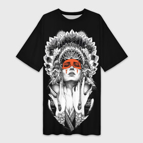 Платье-футболка 3D с принтом Женщина индеец в Санкт-Петербурге,  |  | девушка индеец | индеец | перья на голове | перья. | татуировки