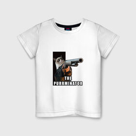 Детская футболка хлопок с принтом Муррминатор в Санкт-Петербурге, 100% хлопок | круглый вырез горловины, полуприлегающий силуэт, длина до линии бедер | cat | mem | кот | кот с оружием | котик | мем | прикол | смешной кот | терминатор | фильм | юмор