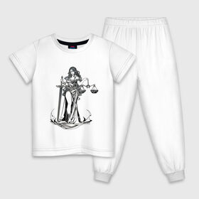 Детская пижама хлопок с принтом Фемида светлая в Санкт-Петербурге, 100% хлопок |  брюки и футболка прямого кроя, без карманов, на брюках мягкая резинка на поясе и по низу штанин
 | Тематика изображения на принте: богиня | весы | меч | правосудие | фемида
