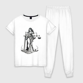 Женская пижама хлопок с принтом Фемида светлая в Санкт-Петербурге, 100% хлопок | брюки и футболка прямого кроя, без карманов, на брюках мягкая резинка на поясе и по низу штанин | Тематика изображения на принте: богиня | весы | меч | правосудие | фемида