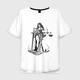 Мужская футболка хлопок Oversize с принтом Фемида светлая в Санкт-Петербурге, 100% хлопок | свободный крой, круглый ворот, “спинка” длиннее передней части | Тематика изображения на принте: богиня | весы | меч | правосудие | фемида